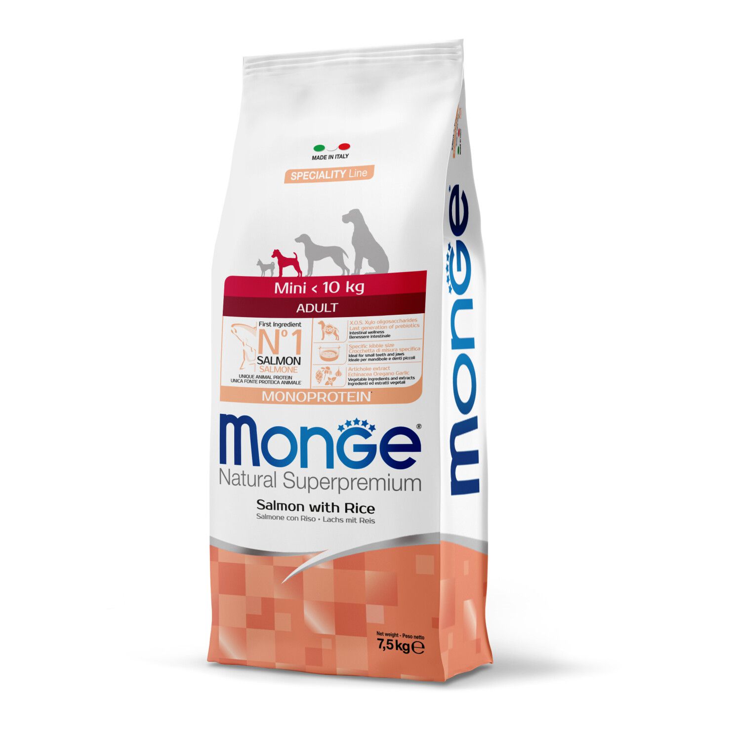 Monge Dog Mini Salmon with Rice 7.5 kg מונג' מזון יבש לכלבים מגזע קטן על בסיס סלמון 7.5 קג